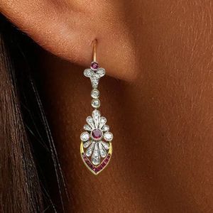 Two Tone Bezel Ruby & White Sapphire Round & Baguette Cut Drop Earrings For Women