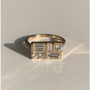 Golden Round & Baguette Cut White Sapphire Engagement Ring For Women