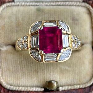 Golden Halo Asscher Cut Ruby & White Sapphire Engagement Ring