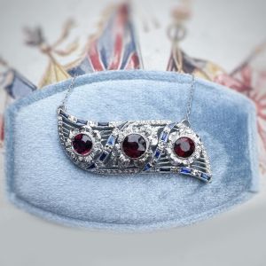 Halo Garnet & Blue & White Sapphire Round & Baguette Cut Pendant Necklace