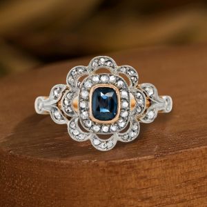 Two Tone Halo Cushion Cut Blue & White Sapphire Engagement Ring