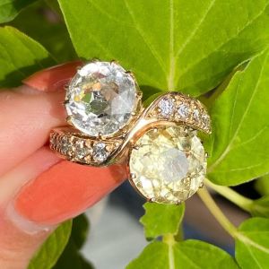 Golden Two Stone Round Cut White & Yellow Sapphire Engagement Ring