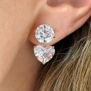 Golden Two Stone Round & Heart Cut White Sapphire Stud Earrings
