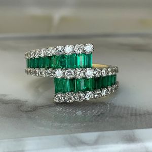 Two Tone Emerald & White Sapphire Baguette & Round Cut Half Eternity Wedding Band