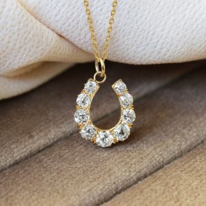 Golden Round Cut White Sapphire Horseshoe Pendant Necklace