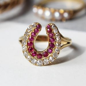 Golden Ruby & White Sapphire Round Cut Split Shank Engagement Ring