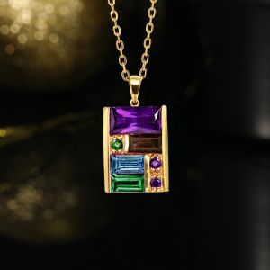 Golden Baguette Cut Purple & Emerald & Blue Sapphire Pendant Necklace