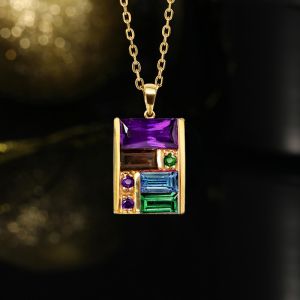 Golden Baguette Cut Purple & Emerald & Blue Sapphire Pendant Necklace