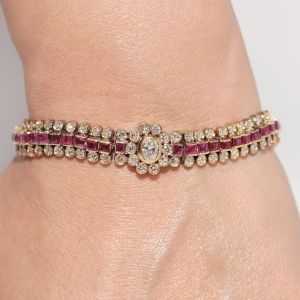 Golden Halo White & Ruby Oval & Round & Asscher Cut Tennis Bracelet