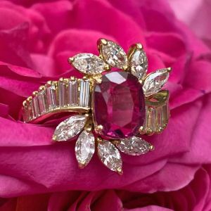 Golden Halo Cushion & Baguette & Marquise Cut Ruby & White Sapphire Engagement Ring