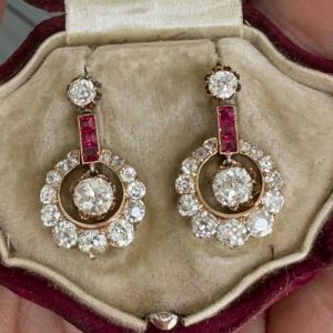 Rose Gold Round Cut White & Ruby Sapphire Drop Earrings