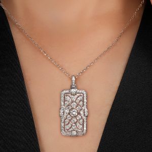 Art Deco Rectangular Round Cut White Sapphire Pendant Necklace For Women
