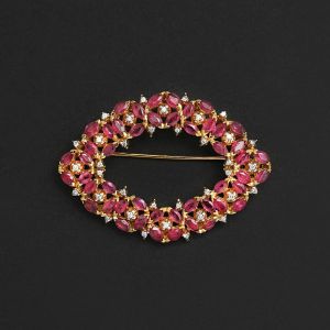 Golden Marquise & Round Cut Ruby & White Sapphire Brooch Pin