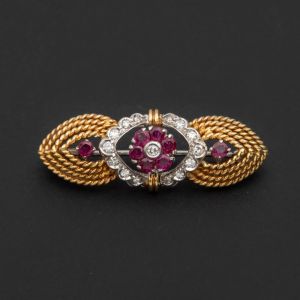 Two Tone Halo Ruby & White Sapphire Round Cut Brooch Pin