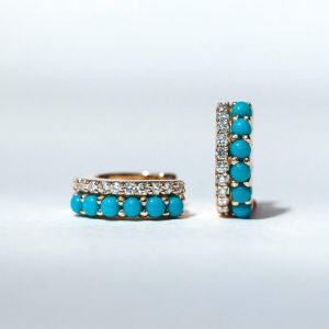 Golden Round Cut Turquoises & White Sapphire Hoop Earrings
