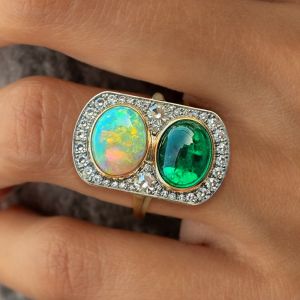 Two Tone Bezel Oval Cut Cabochon Opal & Emerald Sapphire Cocktail Engagement Ring