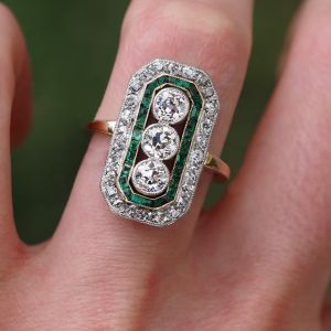 Two Tone Double Halo Round Cut White & Emerald Sapphire Engagement Ring
