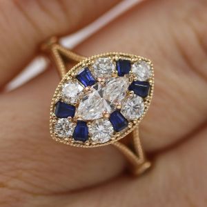 Golden Halo Marquise Cut White & Blue Sapphire Engagement Ring