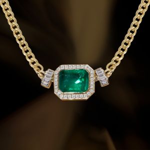 Golden Halo Emerald Cut Emerald & White Sapphire Pendant Necklace