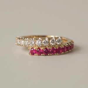 Golden Round Cut White & Ruby Sapphire Half Eternity Wedding Band For Women