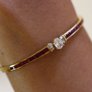 Golden Oval & Asscher Cut White & Ruby Sapphire Bangle Bracelet