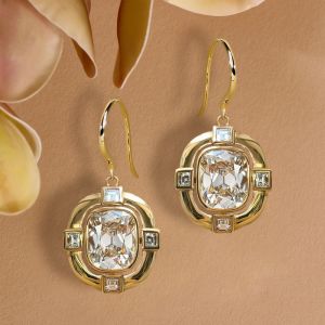 Golden Halo Bezel Cushion & Asscher Cut White Sapphire Drop Earrings