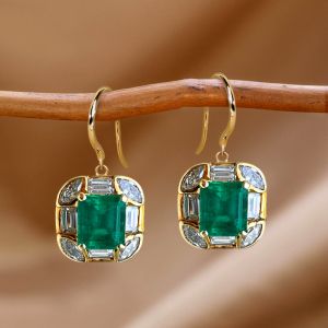 Golden Halo Asscher Cut Emerald & White Sapphire Drop Earrings