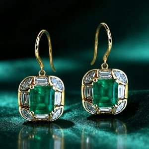 Golden Halo Asscher Cut Emerald & White Sapphire Drop Earrings