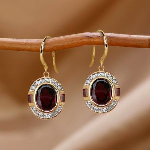 Two Tone Halo Oval Cut Garnet & White Sapphire Drop Earrings