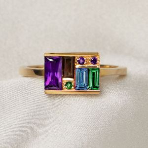 Golden Baguette Cut Purple & Topaz & Emerald & Brown Sapphire Cocktail Ring