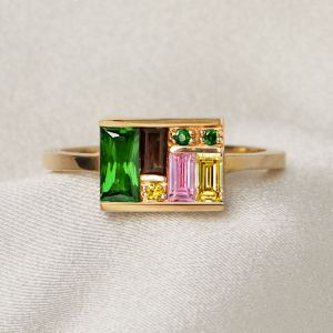 Golden Baguette Cut Emerald & Pink & Brown & Yellow Sapphire Engagement Ring