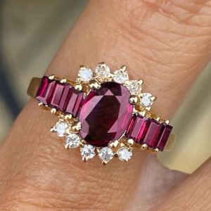 Golden Halo Oval Cut Ruby & White Sapphire Engagement Ring For Women