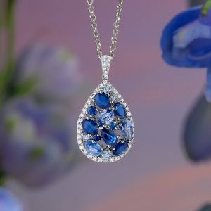 Halo Oval & Pear & Round Cut Blue & White Sapphire Pendant Necklace
