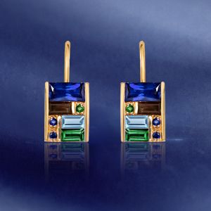 Golden Baguette Cut Blue & Emerald & Brown Sapphire Drop Earrings