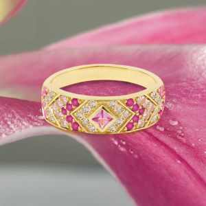 Golden Pink & Ruby Sapphire Princess & Round Cut Half Eternity Wedding Band Ring