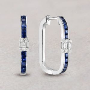 Blue & White Sapphire Baguette & Princess Cut Hoop Earrings