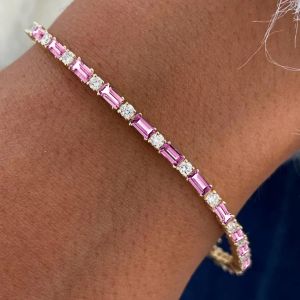 Golden Baguette & Round Cut Pink & White Sapphire Tennis Bracelet For Women