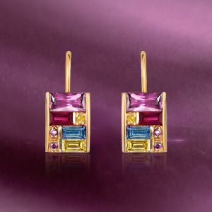 Golden Baguette Cut Pink & Ruby & Yellow & Blue Sapphire Drop Earrings