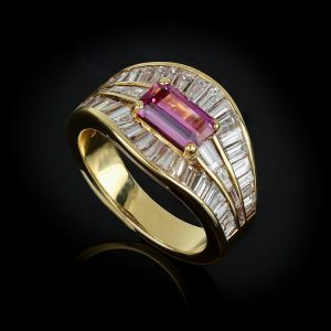 Golden Emerald & Baguette Cut Pink & White Sapphire Vintage Engagement Ring For Women