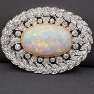 Two Tone Halo Oval & Round Cut White Opal & Sapphire Brooch Pin