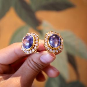 Golde Halo Oval Cabochon Cut Blue Sapphire Stud Earrings For Women