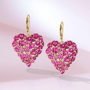Golden Heart & Round Cut Pink Sapphire Drop Earrings For Women