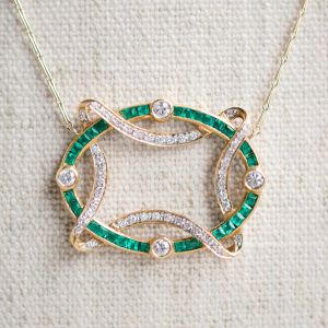 Golden Openwork Design Emerald & White Sapphire Round & Baguette Cut Pendant Necklace