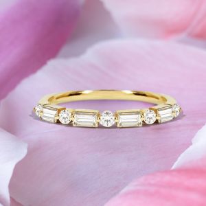 Golden Round & Baguette Cut White Sapphire Half Eternity Wedding Band Ring