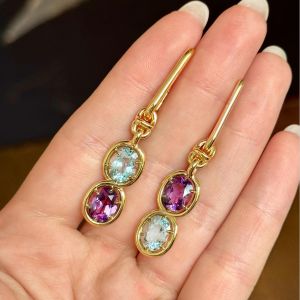 Golden Oval Cut Aquamarine & Amethyst Sapphire Drop Earrings For Women