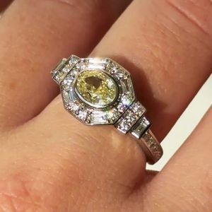 Halo Oval & Round & Baguette Cut Yellow & White Sapphire Engagement Ring