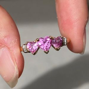 Golden Three Stone Pink Sapphire Heart Cut Engagement Ring