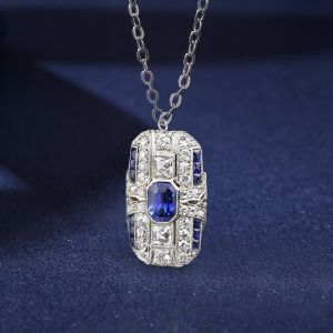Milgrain Emerald Cut Blue & White Sapphire Pendant Necklace