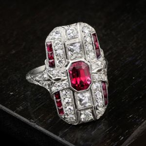 Art Deco Emerald Cut Ruby & White Sapphire Engagement Ring For Women