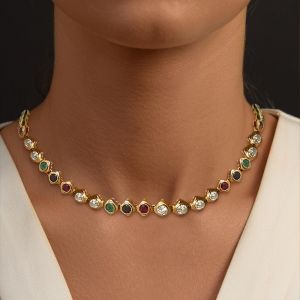 Golden Bezel Round Cut Multi-Colored Sapphire Tennis Necklace For Women